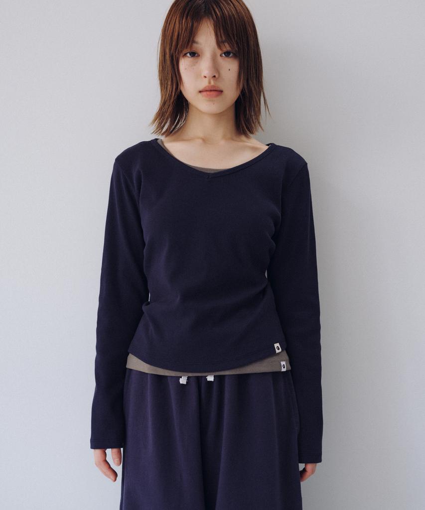 Ohesio Basic Ribbed V-Neck Long Sleeve, Navy