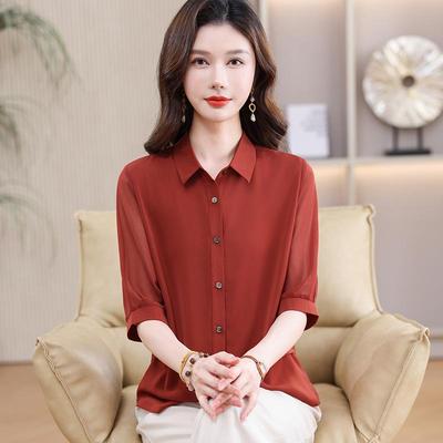 2026 New Summer Plus Size Women's Five-Sleeve Solid Color Mulberry Silk Blouse