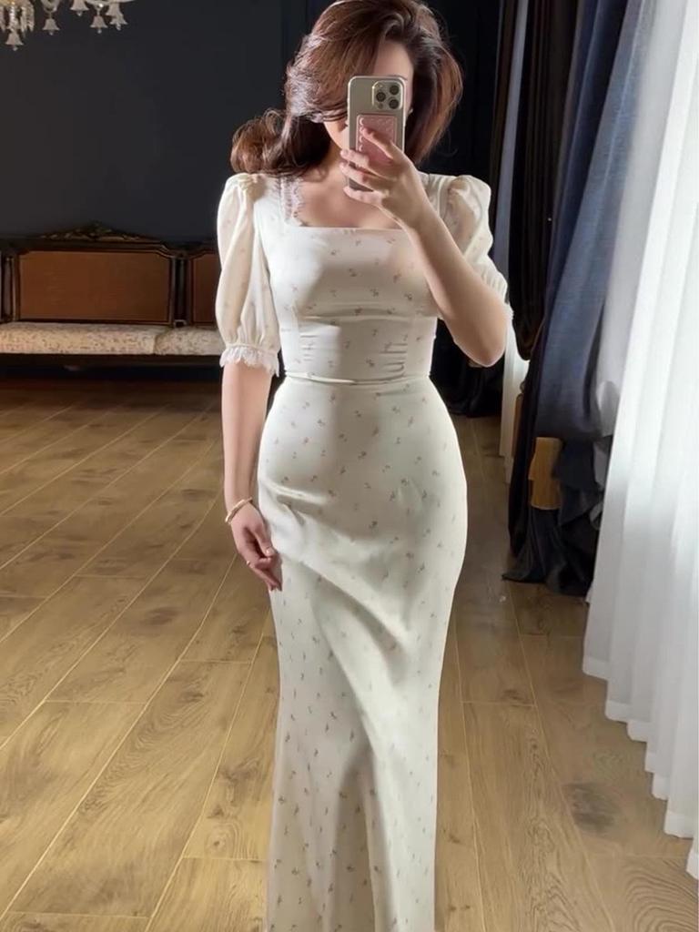 2025 Spring Fairy Style Women's Slim Tie-Up Satin Lace Dress