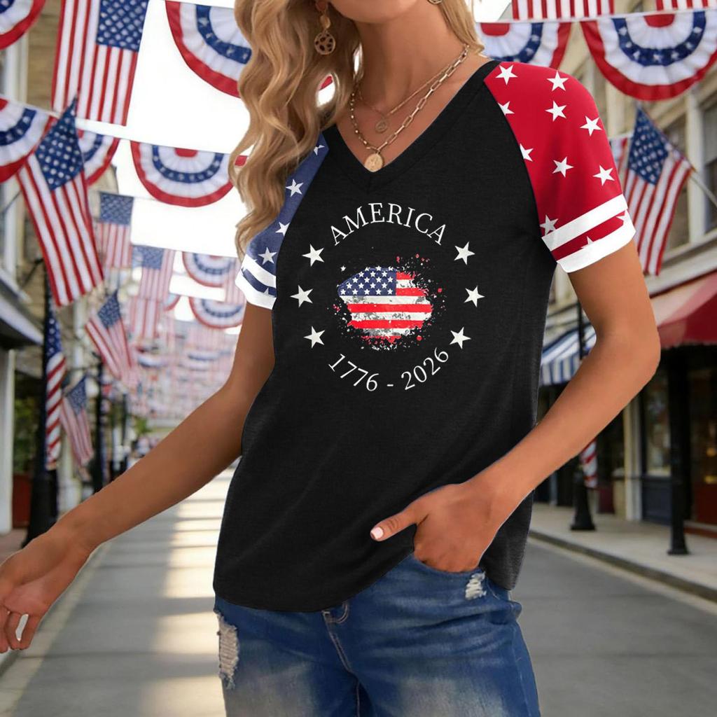 Damen Lässiges V-Ausschnitt Kurzarm Pullover T-Shirt Unabhängigkeitstag Grafikdruck Oberteil Locker Geschnitten Bequem Sommer T-Shirt
