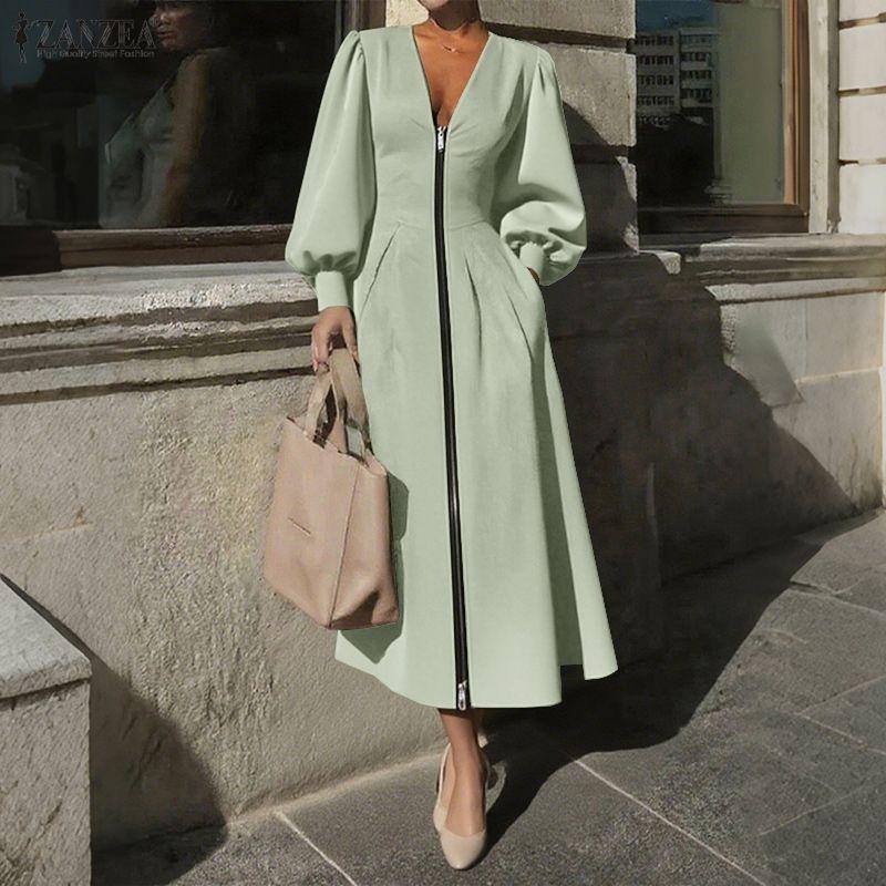 ZANZEA Women Casual Zipper V-Neck Long Sleeve Dress