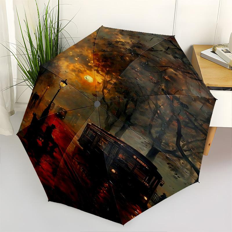 

Streetcar Sunset Misty Evening Themed Automatic Opening and Closing Umbrella, Brightly Colored 8-rib Portable Umbrella, Suitable for Men and