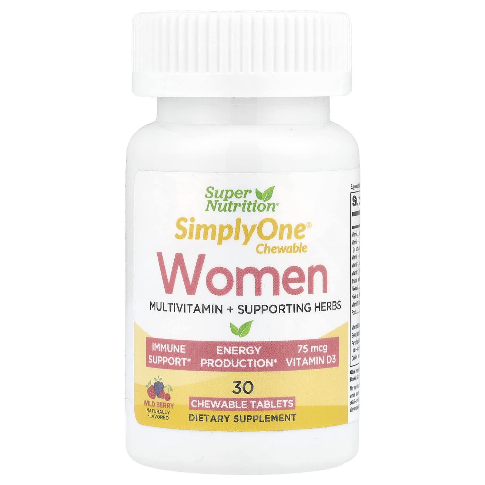 

Simplyone®, Women s, Multivitamin + Supportive Herbs, Vitamin A, Organic Botanical Blend, Wild Berries, 30 Chewable Tablets