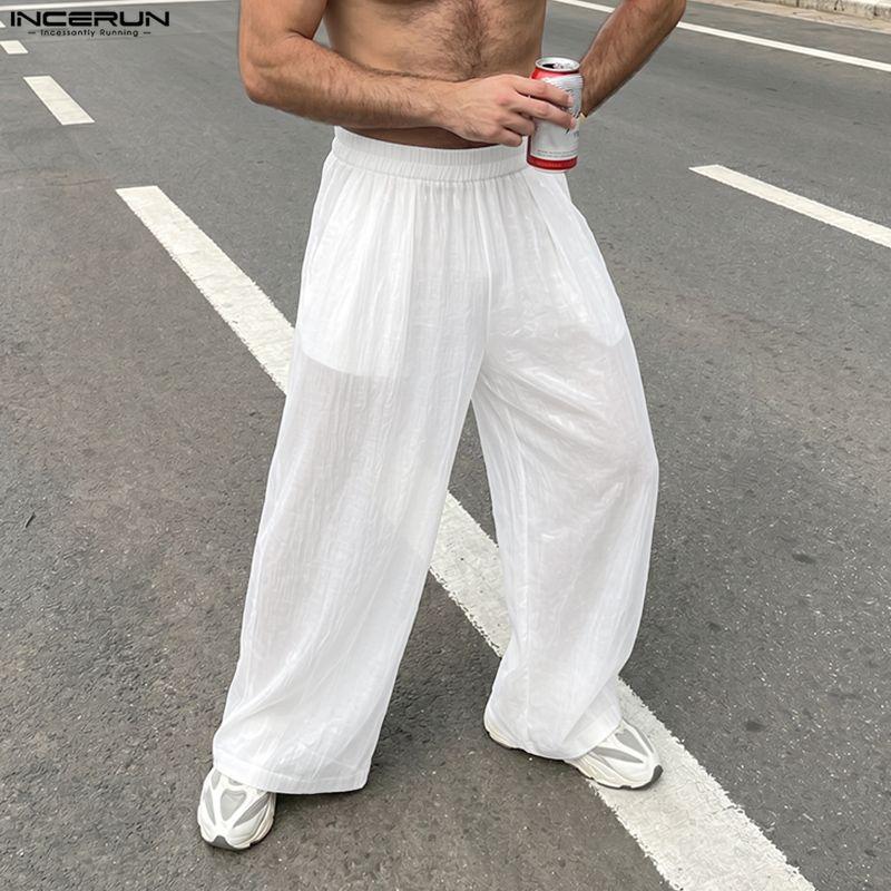 INCERUN Men's Sheer See-Through Casual Loose Beach Party Wide Leg Trousers Pants