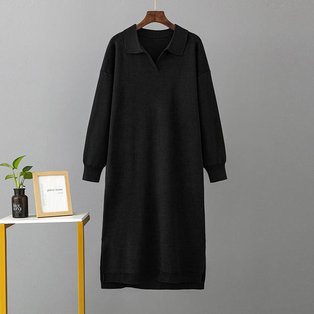 

2026 New Autumn Winter Polo Collar Underlay Knitted Long Dress Loose Large Solid Color Dresses One Size чёрный