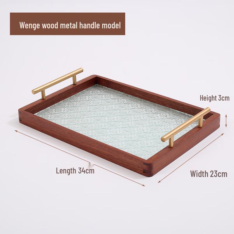Rectangular Wooden Serving Tray with Metal Handles 34x24x3cm
