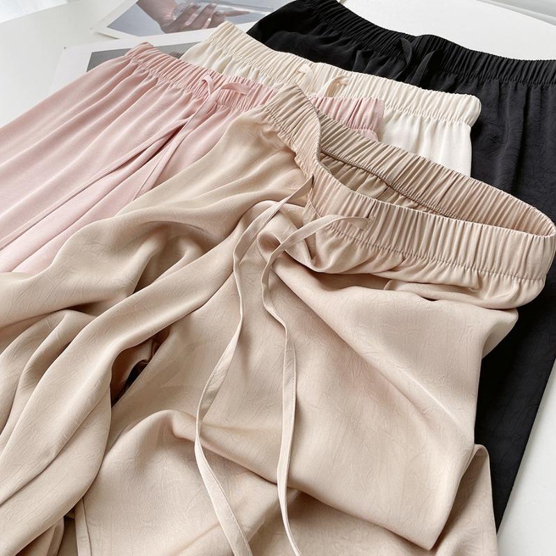 Summer New Acetate Satin Grab Flower Casual Pants Women's Skinny Smooth Ice Silk Straight Pants 0