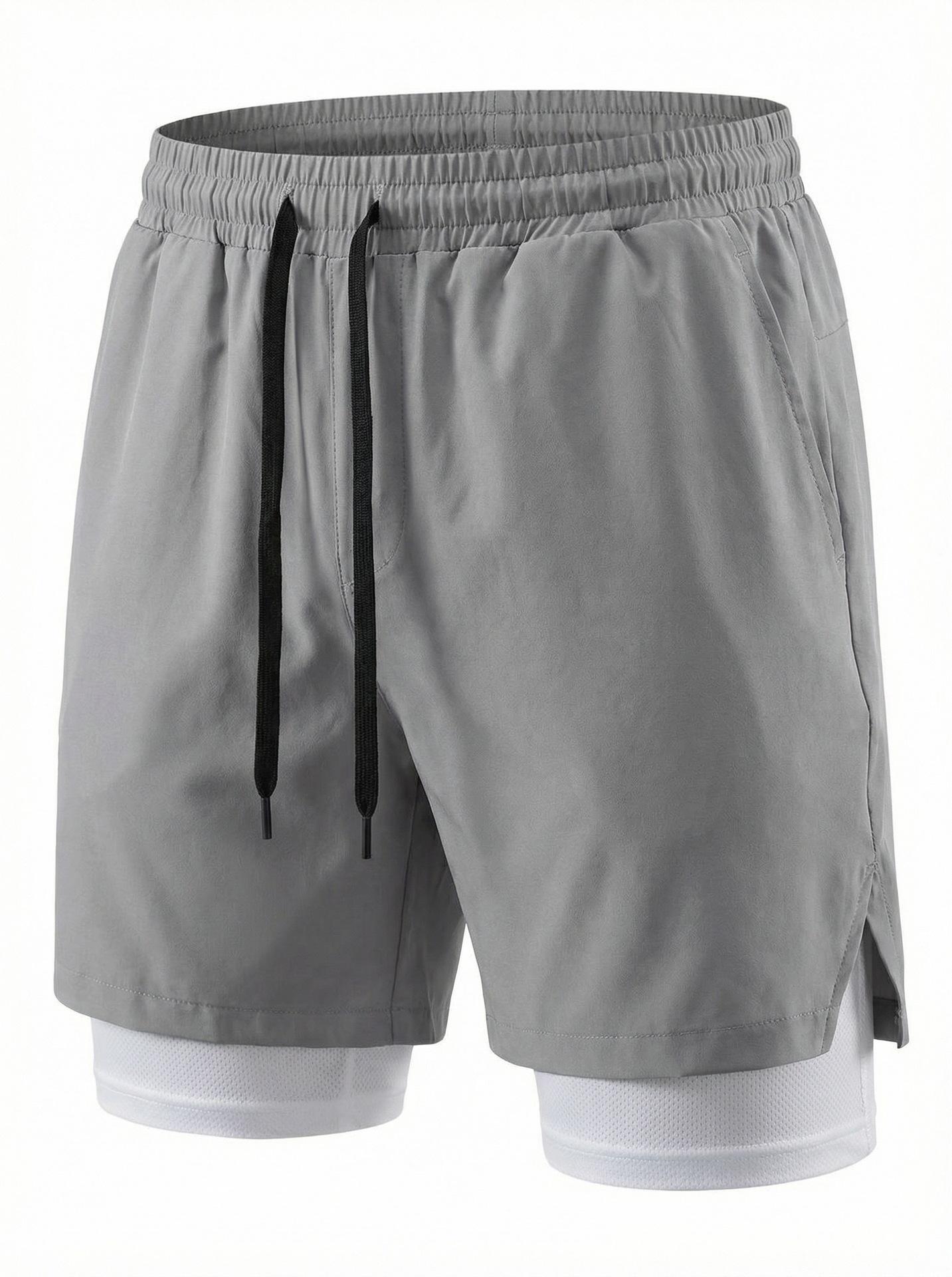 Men S Double Layer Casual Sports Beach Shorts M серый
