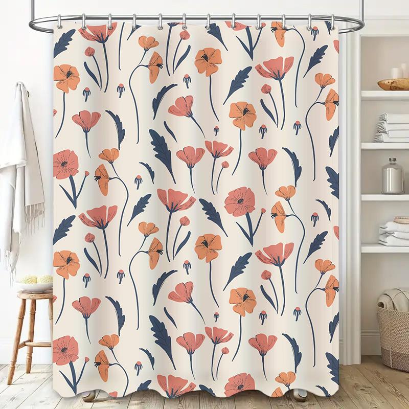 Floral Poppy Shower Curtain Pink Navy White Floral Print Bathroom Decor For Home Decoration Water Repellent Fabric 72 X 84 Inche
