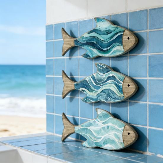 3 Pcs Wooden Fish Wall Decor Nautical Coastal Theme Wall Art Vintage Beach Blue Fish Wall Sculpture for Lake House Bathroom Bedroom Decor