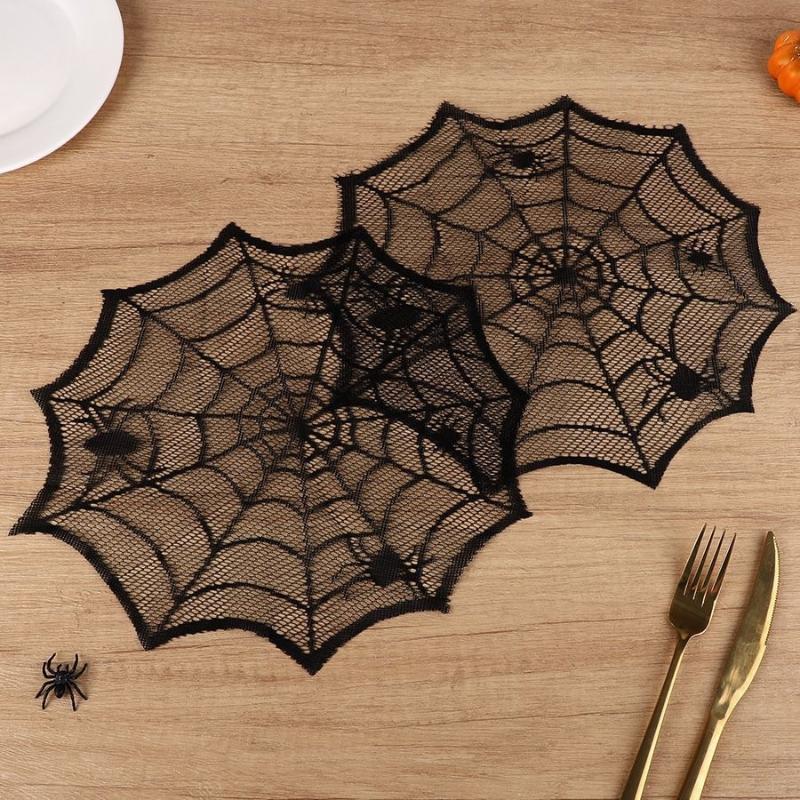 2/4Pcs Spider Web Black Lace Tablecloth Halloween Table Cloth Decorative Placemat Cosplay Spider Silk Party Table Ornament