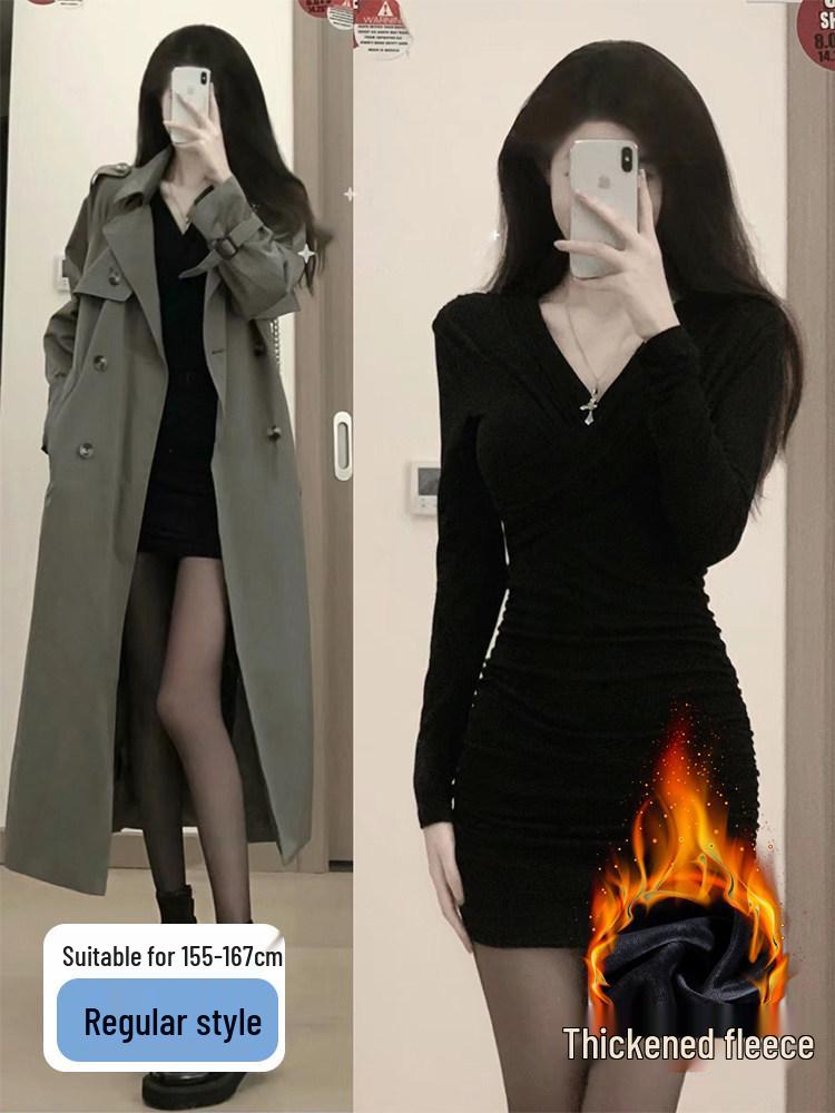 Women's Black Slim-Fit Dress with Coat - 2026 Autumn/Winter High-End Cinched Waist Little Black Dress