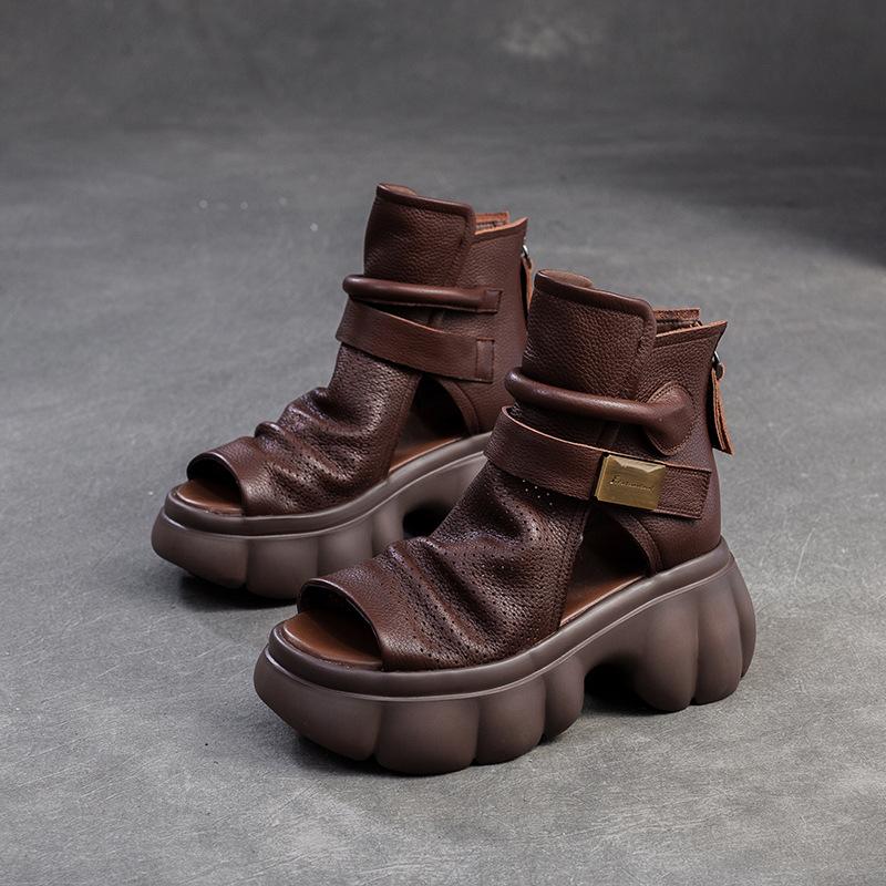 Johnature Thick Sole Height Increasing Retro Hollow-out Peep Toe Roman Sandals Versatile Women's Platform Shoes