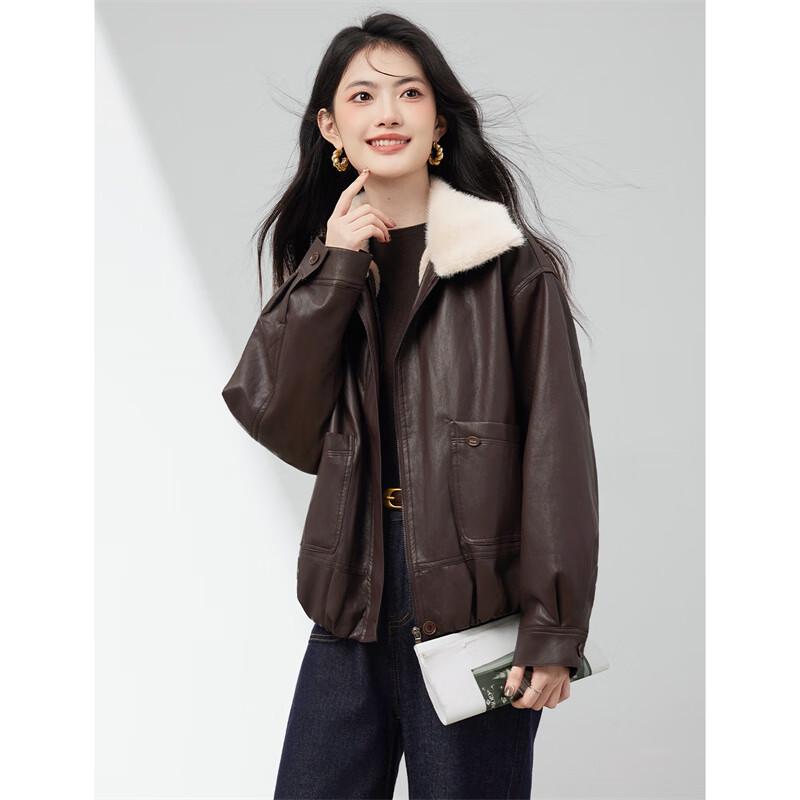 Women's Winter Plush Lined Faux Leather Short Jacket