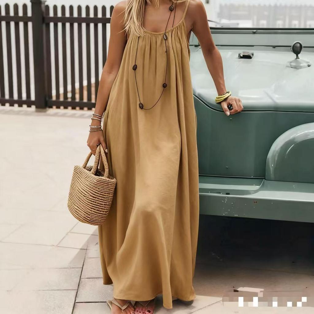 2025 European Women's Spaghetti Strap Backless Loose Long Home Dress