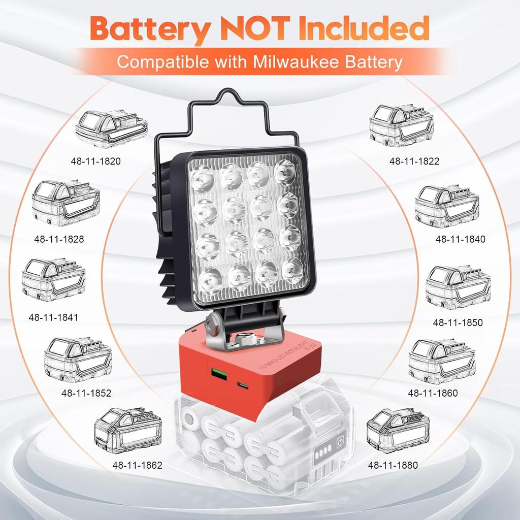 LED-Arbeitsleuchte für Dewalt- und Milwaukee-Akku, 48 W, tragbares Flutlicht, Taschenlampe, USB- und Typ-C-Ladelampe, Werkzeuge für die Baustelle