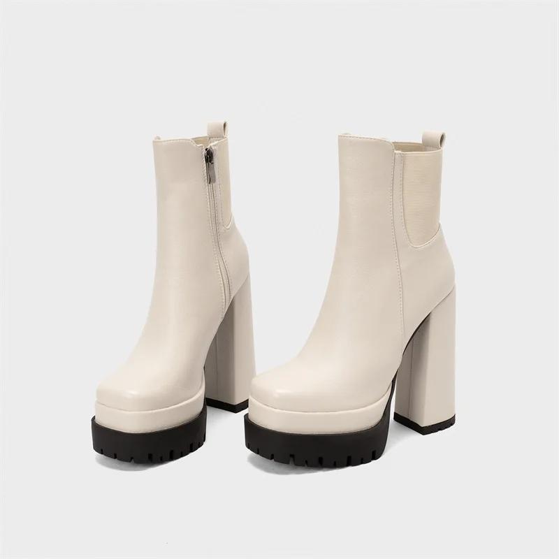 Women's Ankle Boots Platform Trends Black Short Boot Winter Autumn Leather Gothic Punk Heels Party Shoes Lady Large Size 45