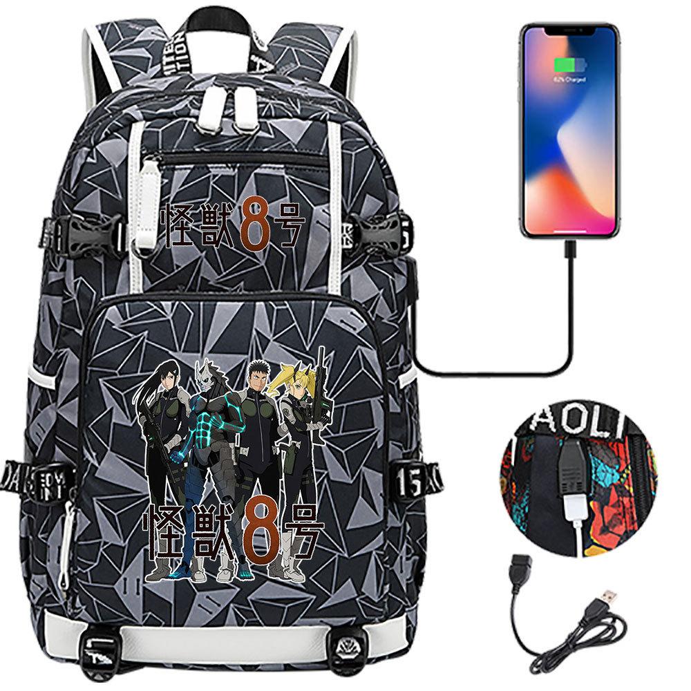 Kaiju No. 8 Printed USB Port Backpack Youth Student School Bag Large Capacity Travel Daypack