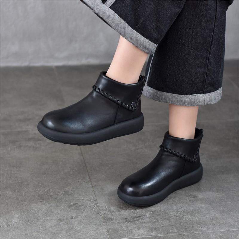 Johnature Turned-over Edge Plush Warm Cotton Shoes Genuine Leather Anti Slip Women's Ankle Boots