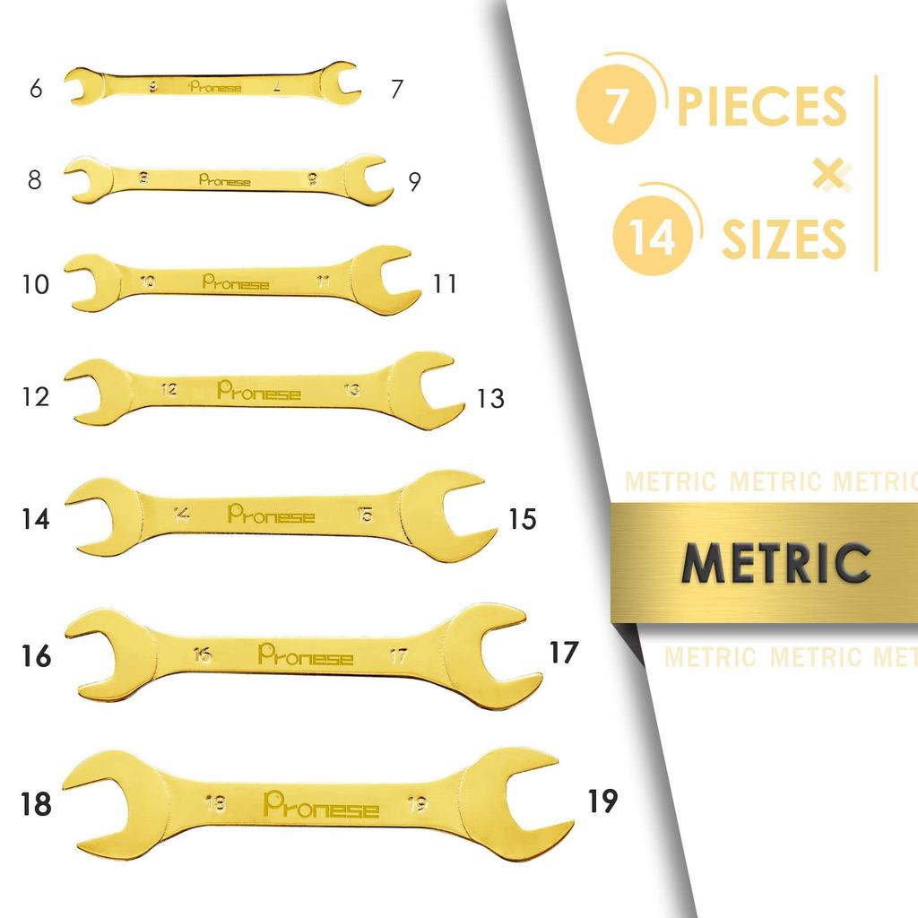 Pronese Wrench 3mm Mirror Made by Wide Range of Sizes Ultra-Thin Set, Thin, Gold-Colored, 7-Piece Set, Double-Ended, Thick, Finish, 6-19mm, CRV,