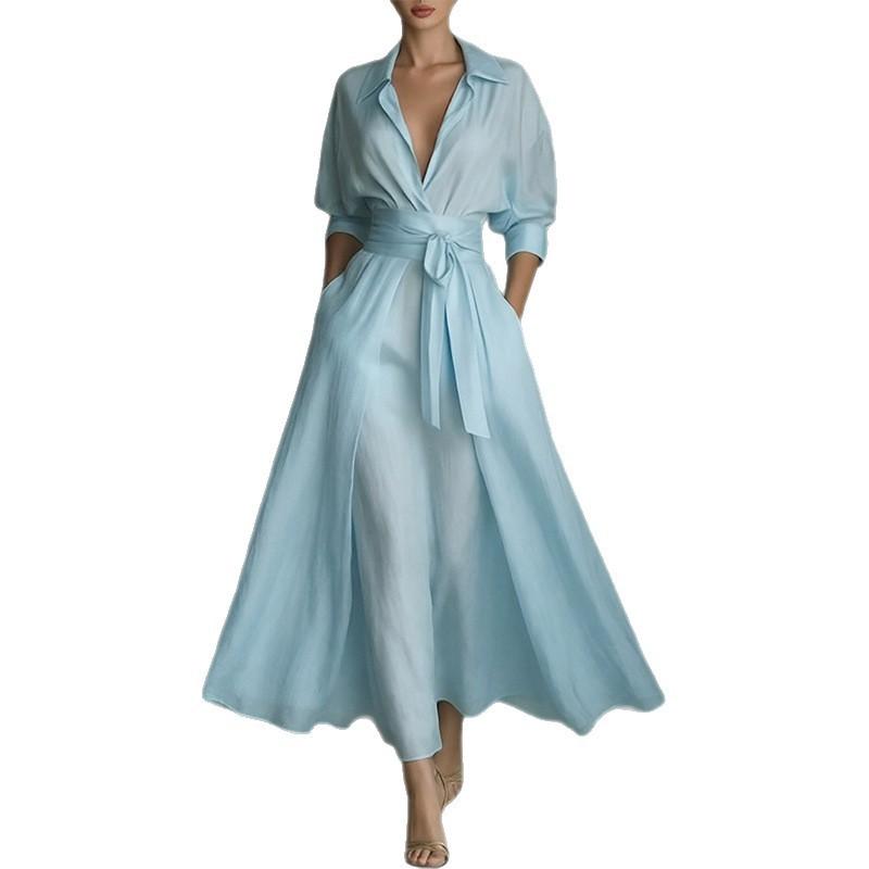 2026 Womens Solid Color Fitted A-Line Long Dress With Waist Tie High Sleeveless Or Short Sleeve