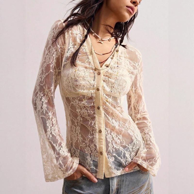 2025 New Autumn Lace Shirt Slim Fit Niche Design Commuting Slightly See-through Top for Women
