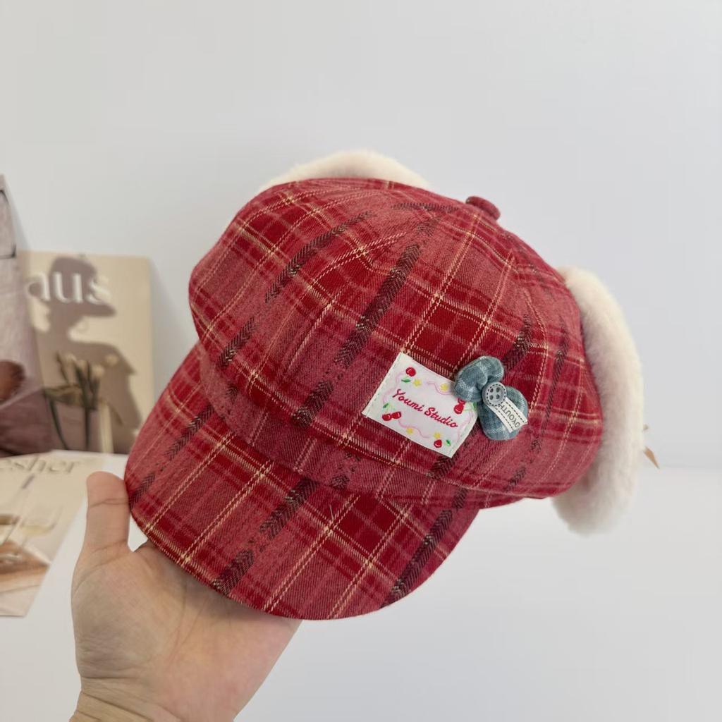 New Cute Plush Rabbit Ear Bow Plaid Octagonal Hat Children Versatile Spring and Summer Sunshade Travel Beret Tide
