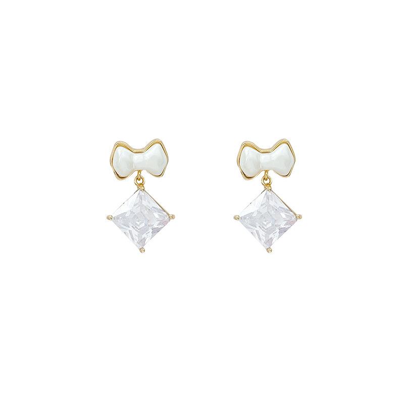 Korean Sweet Bow Earrings Women's Small Sugar Cube Zircon Pendant Earrings Ear Jewelry