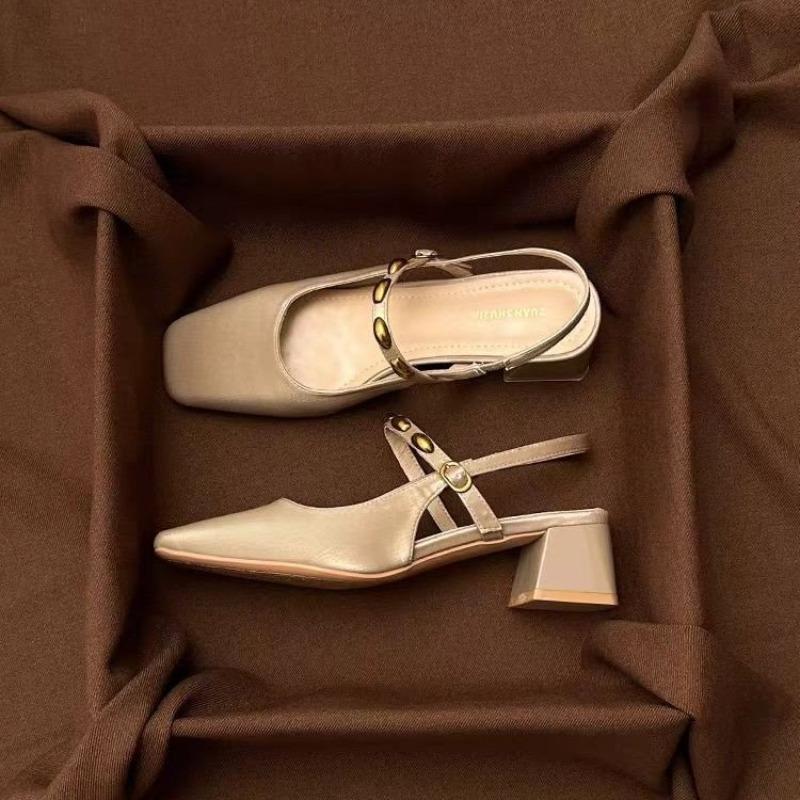 Fashion New Style French Square-toed Woven High-heeled Sandals Summer Fashionable Leather Fabric Mid-heel Women's Shoes Zapatos Mujer