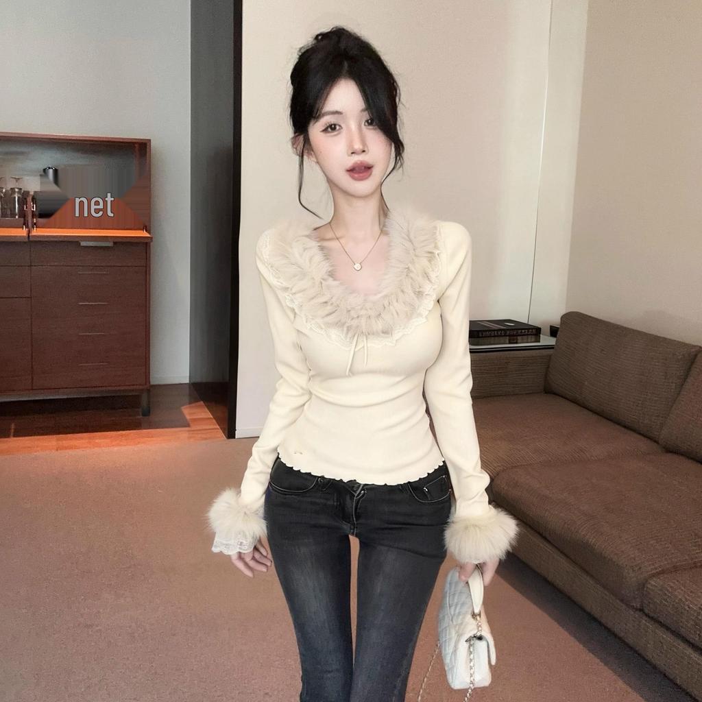 Feel French Lace Slimming Sweet Patchwork Long Sleeve Thinning Fur Collar Women's Autumn Top