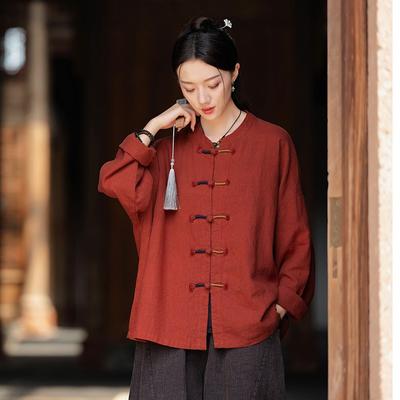 Women Chinese Style Button Stand Shirts Long Sleeve Solid Color Fall Tops Vintage Loose Blouses