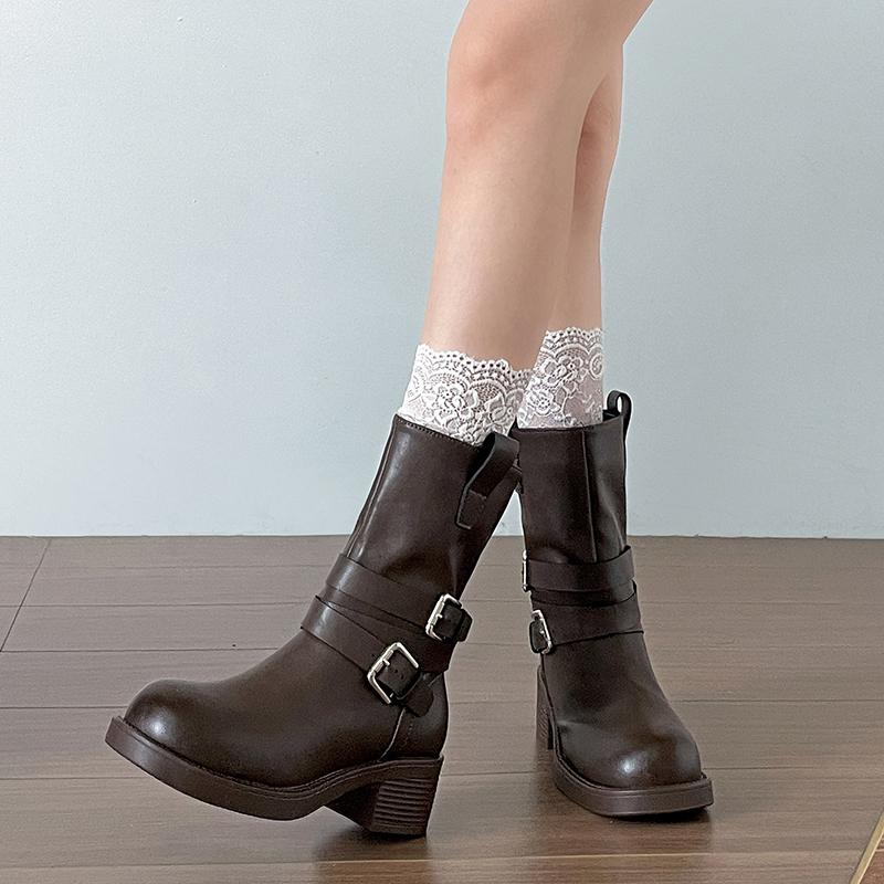 Fashion Belt Buckle Women Mid Calf Boots Punk Style Square Toe Thick Heels Shoes Autumn Winter Western Cowboy Booties