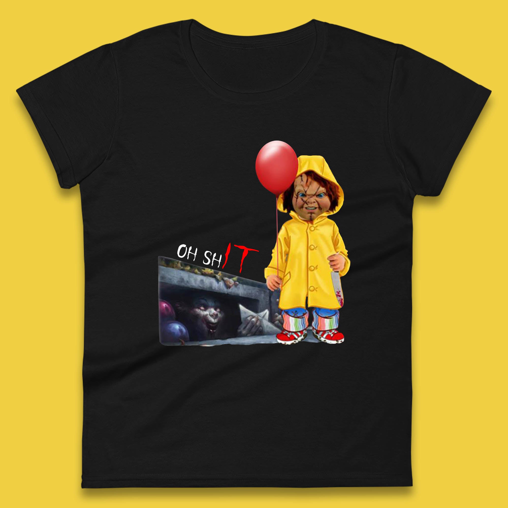 Oh Shit Pennywise Chucky Clown Spoof Halloween IT Pennywise Clown Horror Movie Character Womens Tee T Shirt Mens Tops Unisex Top 4XL