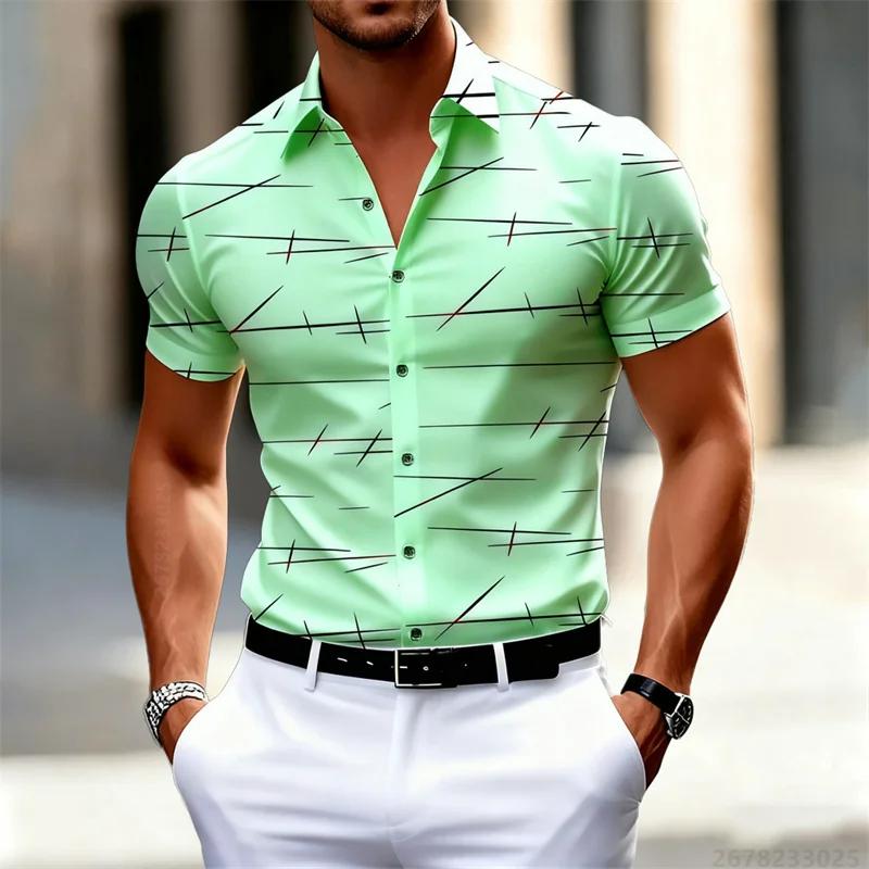 New Style Casual Men's Summer Shirt Short Sleeves 3D Lines Printed Stylish Loose Tops Essential for Hawaii Tourism