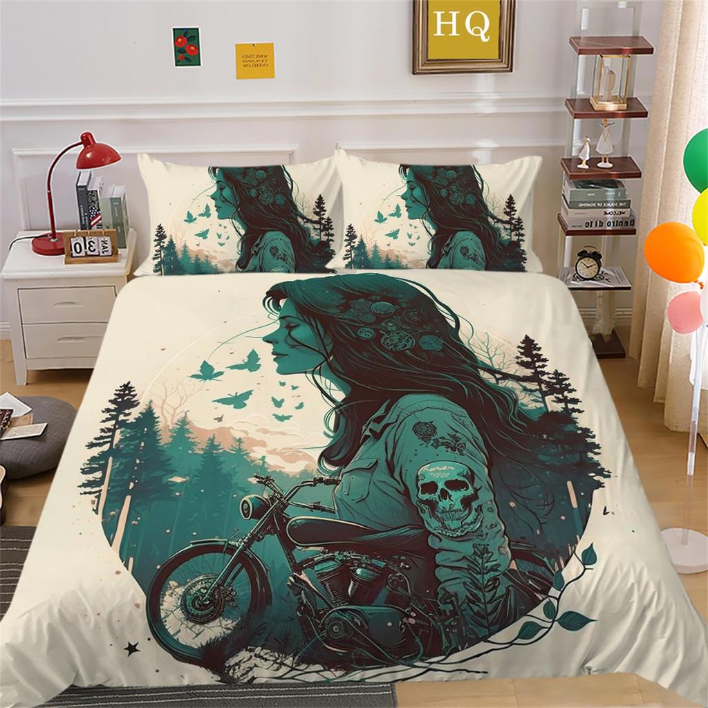 3D Beauty Skull Head Bedding Set Motorcycle Beauty Print Bedroom Decoration Quilt Cover and Pillow Cover 2/3 Pieces White Background Home Decoration