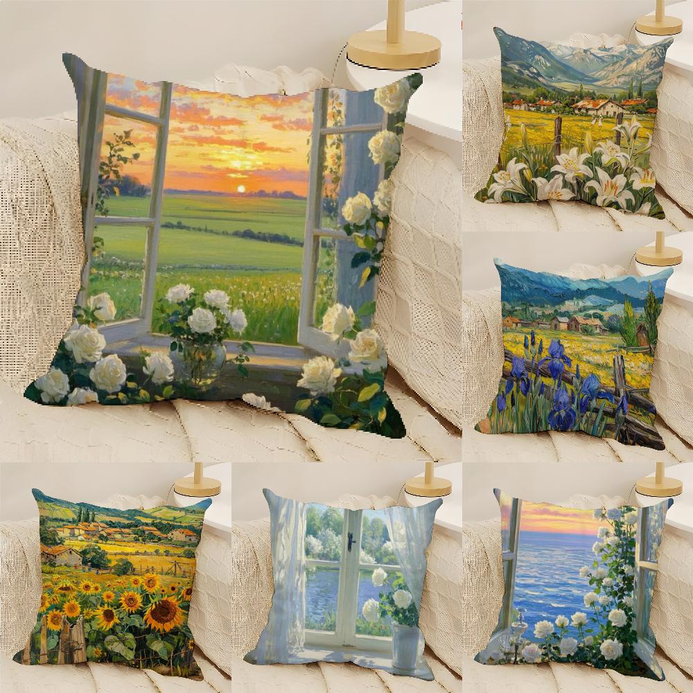 Beautiful Landscape Painting Style Linen Cushion Covers For Decorative Sofa Home Pillows Case Car Chair Pillows Cases