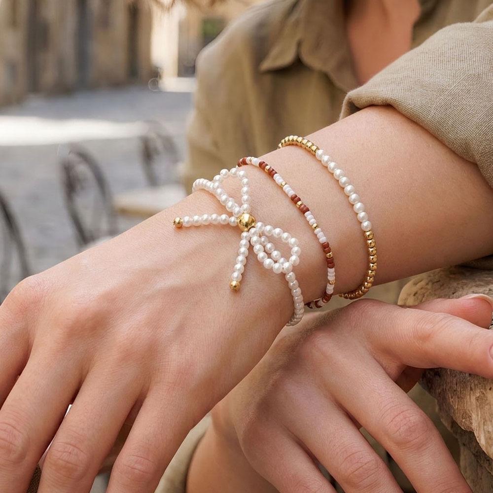Literary Gentle Style Bow Knot Retro Color Block Rice Bead Layered Bracelet