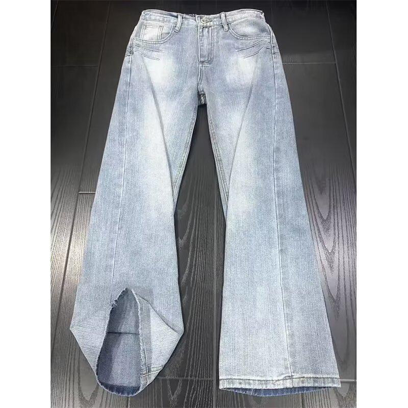 

Light blue bamboo pattern jeans men s autumn American high street casual washed old retro micro-pull trousers 3XL синій