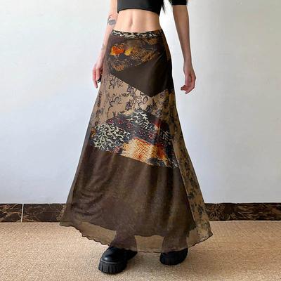 Large Size   Skirt Women Vintage Mesh Vintage Print Splicing Slim Mid-length Skirt