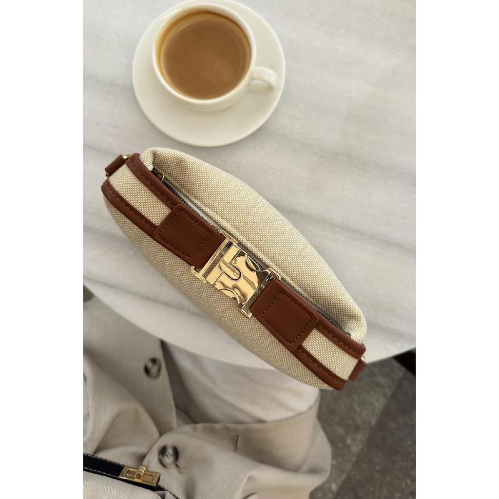 Linen Medium Size Women's Hand And Shoulder Bag Santorini Brown With Gold Lock Accessories