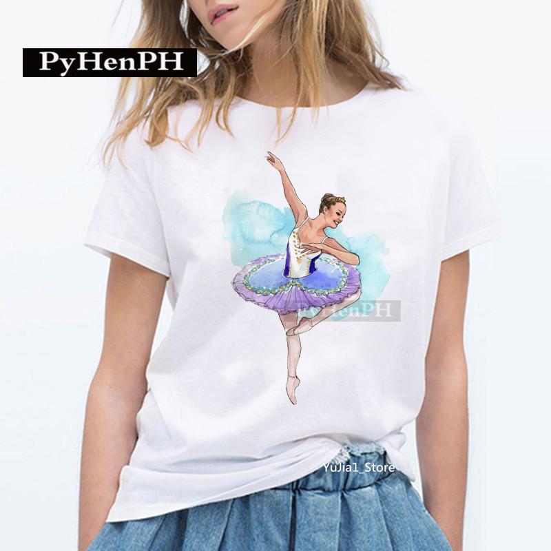 Elegant Ballet Print Short Sleeve T-shirt Women's Slim Fit Summer Top Modal Fabric Student Girl Fashion Polyester
