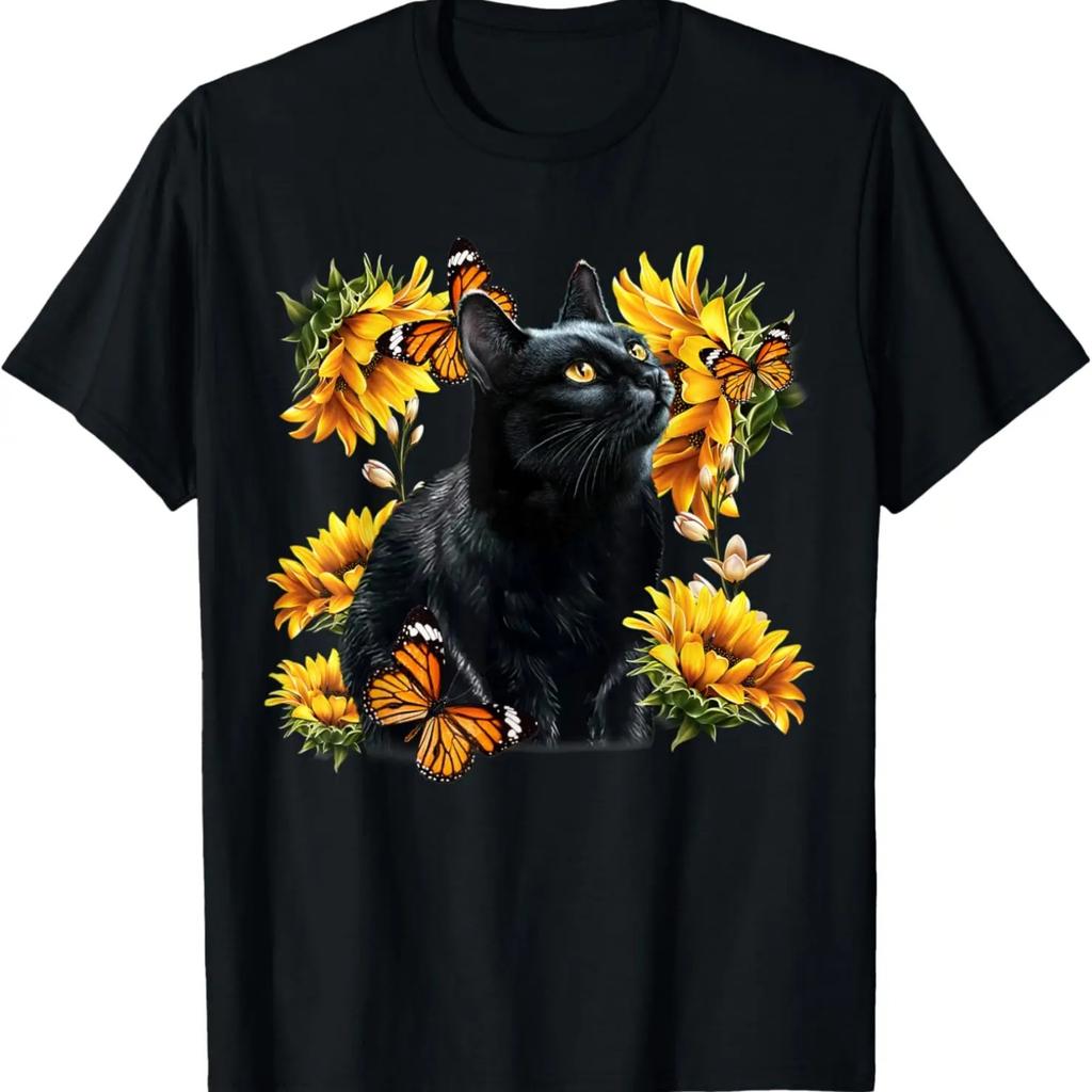 Black Cat Sunflower Cute Butterfly T-Shirt