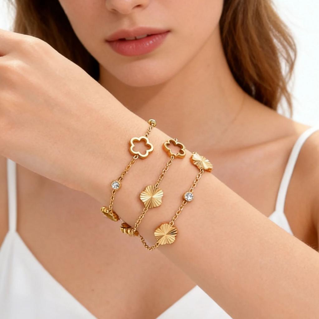 Luxury Clover Five Leaf Flower Charms Bracelet Gold Plated Stainless Steel Fashion Bracelets for Women Romantic Fine Jewelry