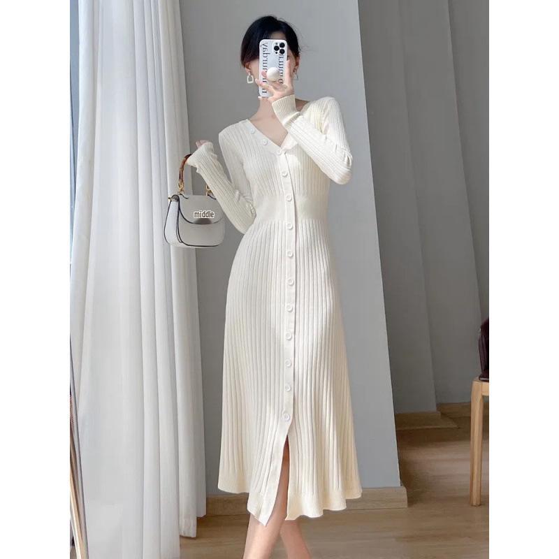 Women's French Style Long Knit Sweater Dress, Slim Fit, Single-Breasted, for Autumn and Winter