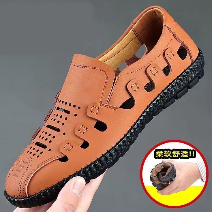 

Men s sandals summer new casual shoes hollow hole shoes breathable cool leather shoes one pedal casual shoes men s shoes foreign trade 44 темно-коричневого кольору
