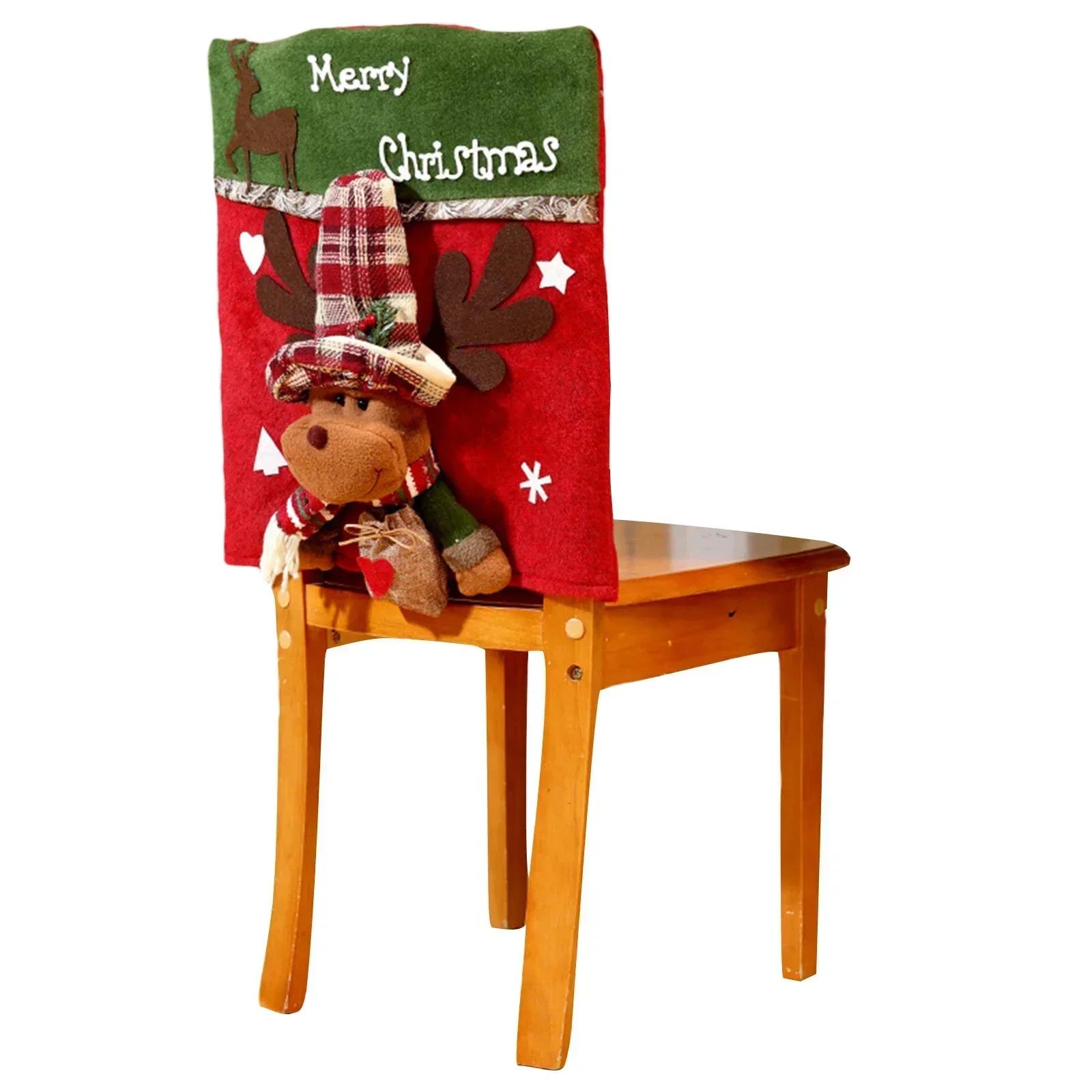 

Christmas Chair Cover Santa Claus Doll Knitted Cute Cartoon Snowman Reindeer High Hat Slipcover Holiday Dining Chair Party Decor