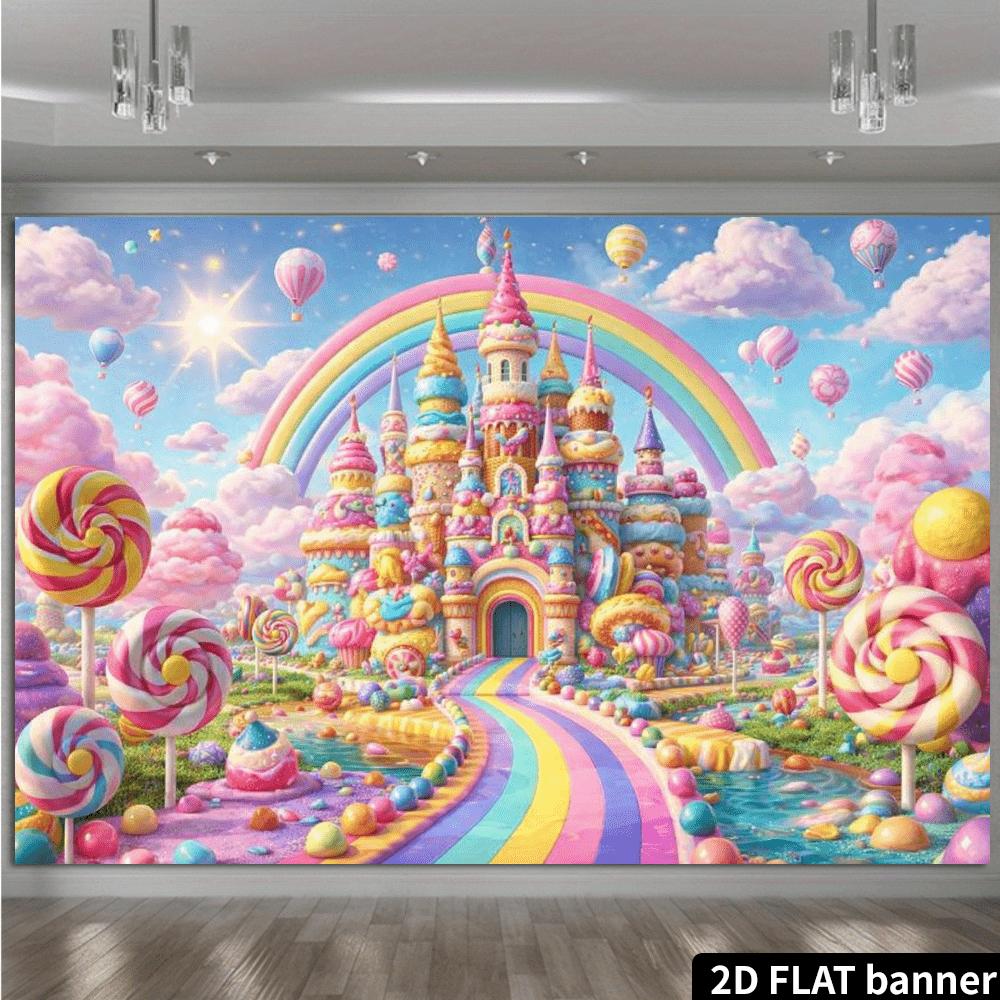2D flat macaron candy castle background fabric rainbow gradient road theme multi-layer frosting castle, wall decoration