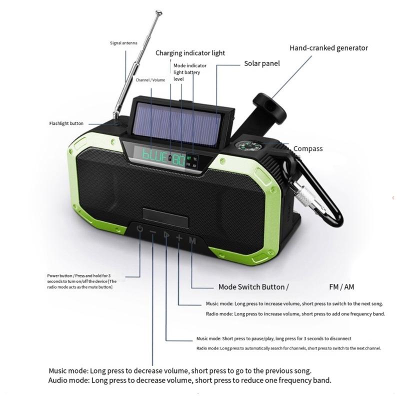 Solar Hand Cranks Radio with FM AM Band Reception Emergency SOS Alarm IPX5 Waterproof for Camping Survival Adventure