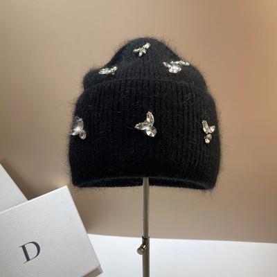 Warm Rhinestone Rabbit Hair Knitted Hat Light Luxury Celebrity Style Age-Reducing Double-Fold Headgear Ear Protection Hat