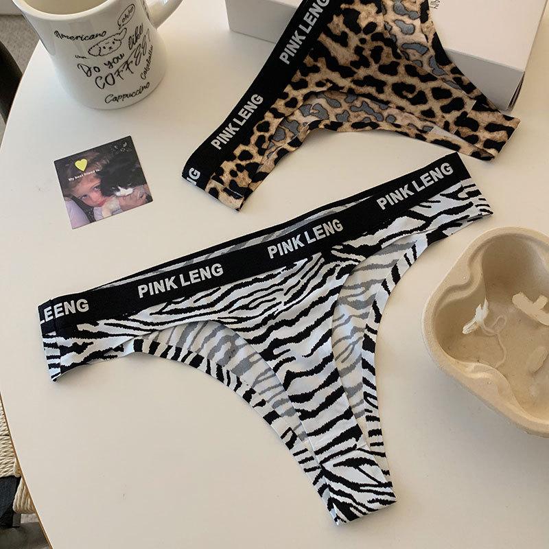 Female Summer New Simple Kitten Sexy Leopard Print Ice Silk Hollow Breathable No Trace Low Waist Thong Underwear
